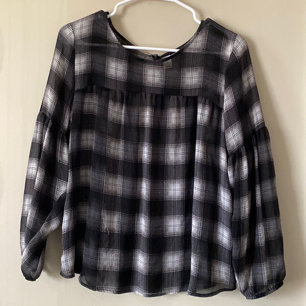 Old Navy Black Plaid Bell Sleeve Blouse M